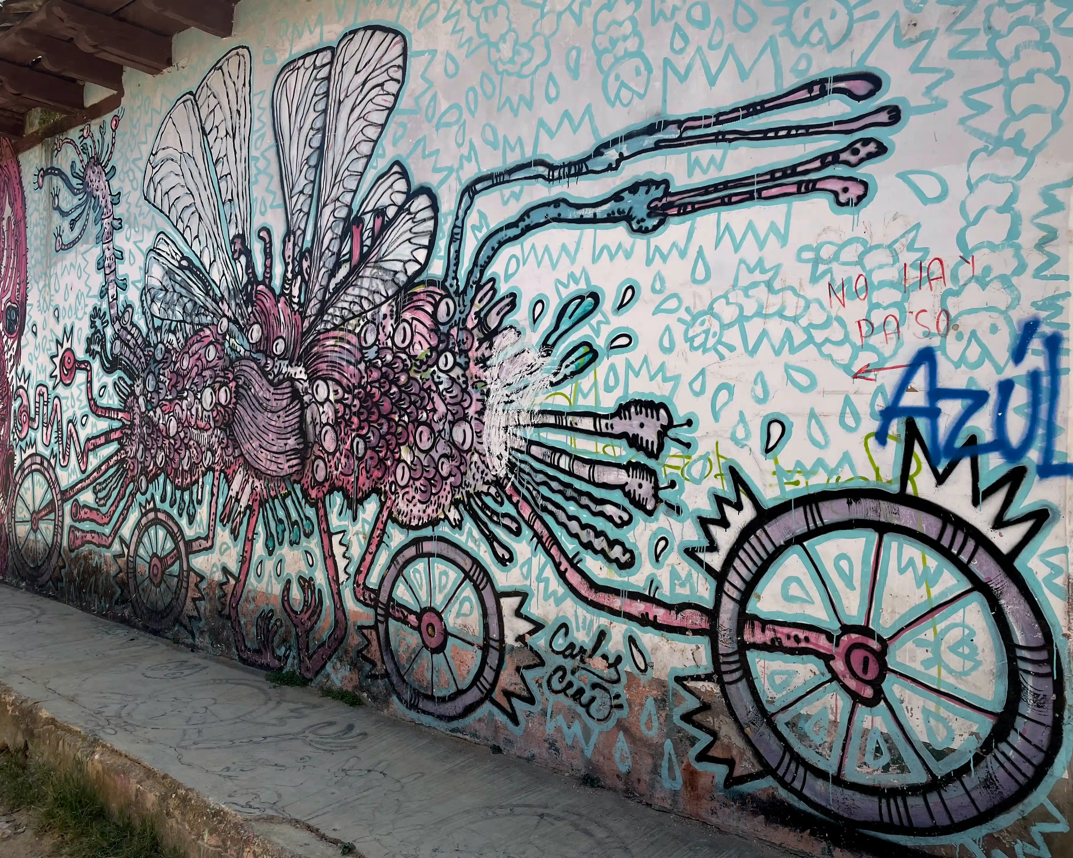 Graffit of a surreal insect bicycle on a wall in San Cristóbal de las Casas.