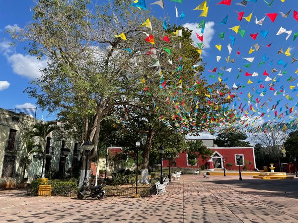 Photo of festive streamers draped over Parque Candelaria Park in Valladolid, Mexico.  